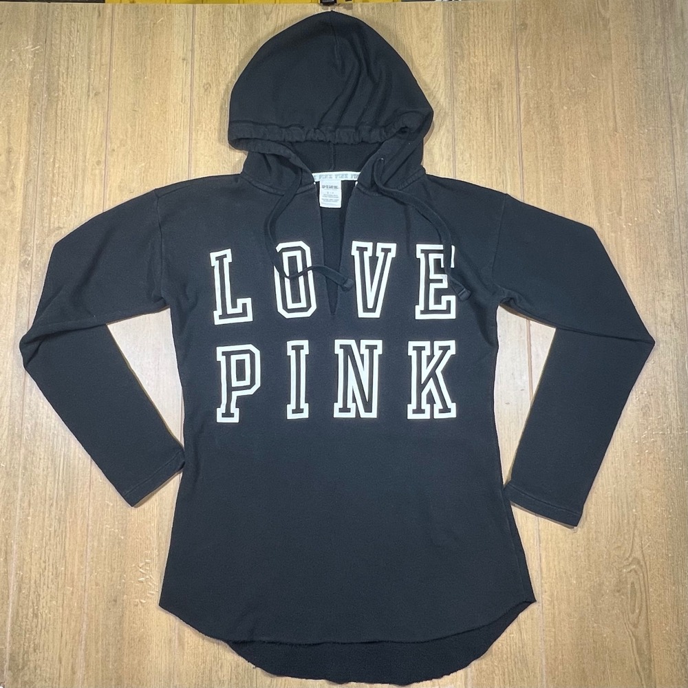 Victoria's Secret PINK Black Love Pink Graphic V-Neck Hoodie Sweatshirt Small